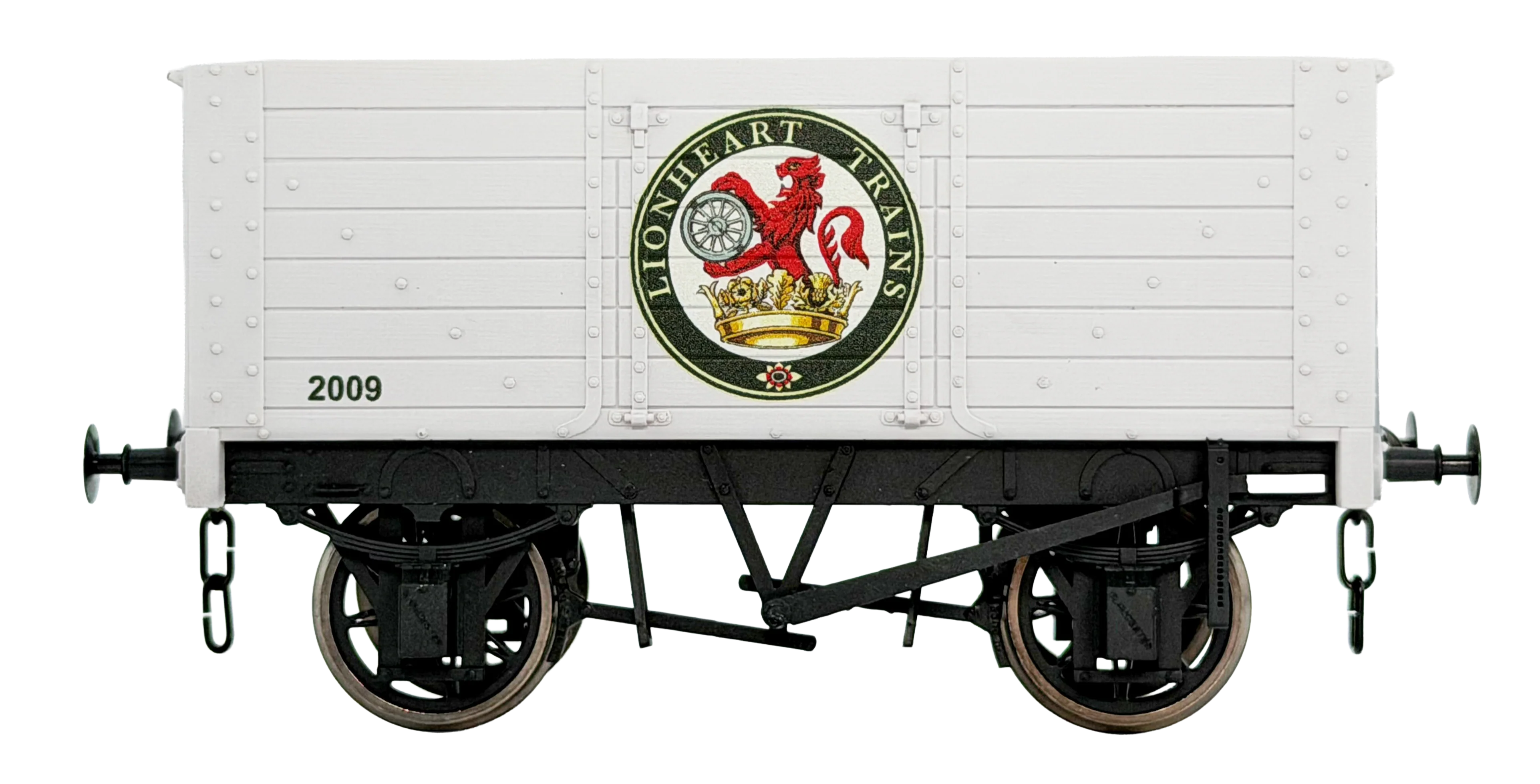 7F-072-012W 7 Plank 9' Wheelbase 2 Door Lionheart Trains Logo - Weathered