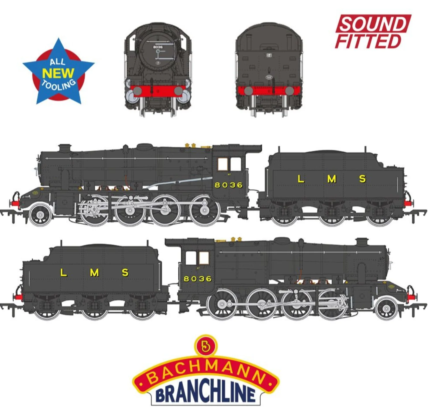 35-225SF LMS 8F with Riveted Tender 8036 LMS Black Steam Locomotive - DCC Sound