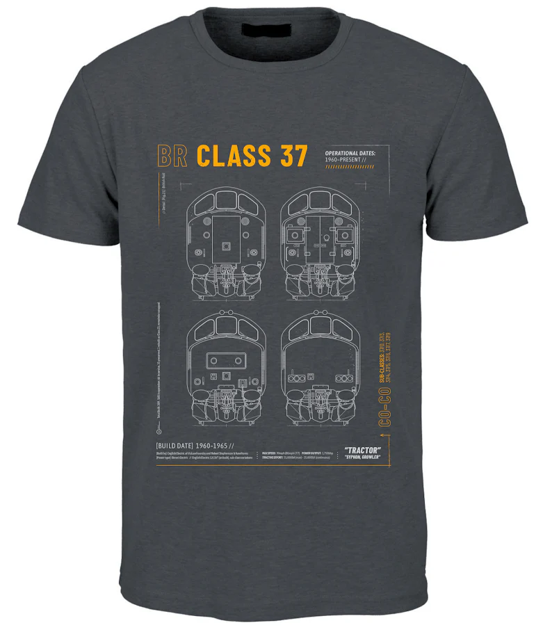 CLASS37-TEE-G Class 37 Technical Drawing Blueprint Railway T Shirt (Grey)