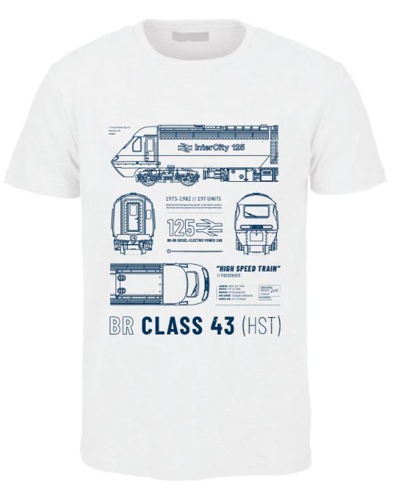 CLASS43-TEE-W Class 43 HST Technical Drawing Blueprint Railway T Shirt (White)
