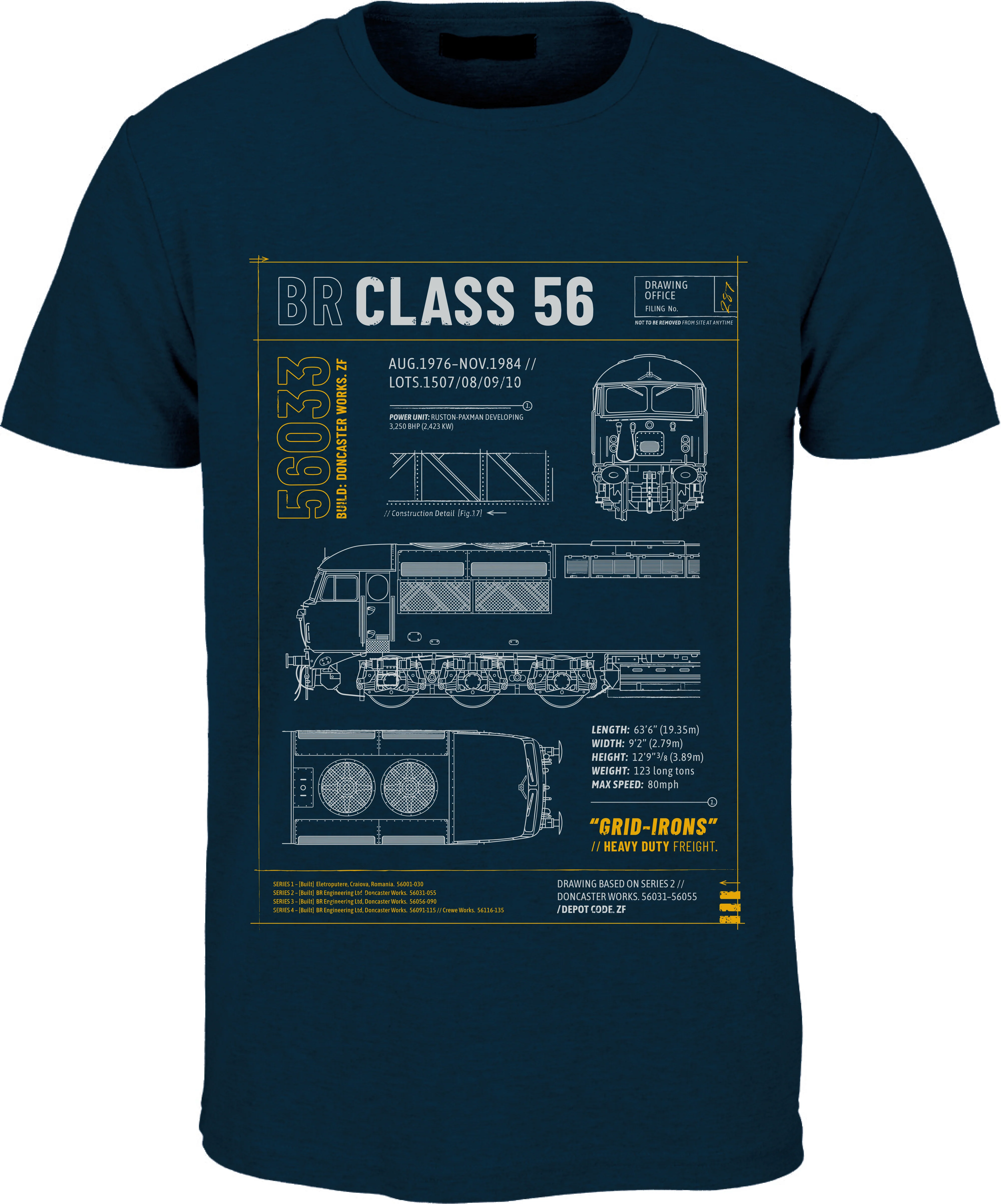 56033-TEE Class 56 Technical Drawing Blueprint Railway T Shirt (Navy)