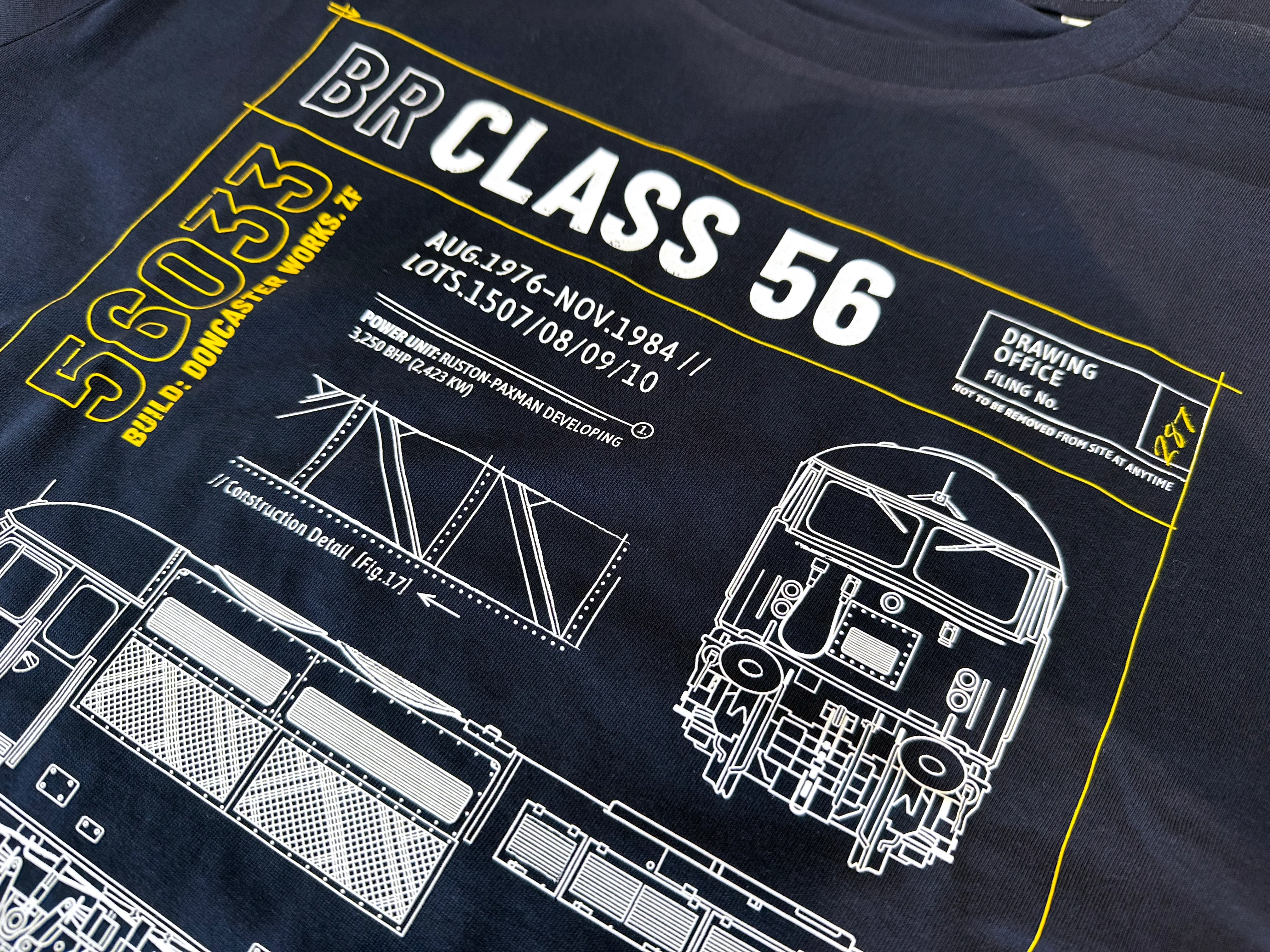 56033-TEE Class 56 Technical Drawing Blueprint Railway T Shirt (Navy) - Image 2