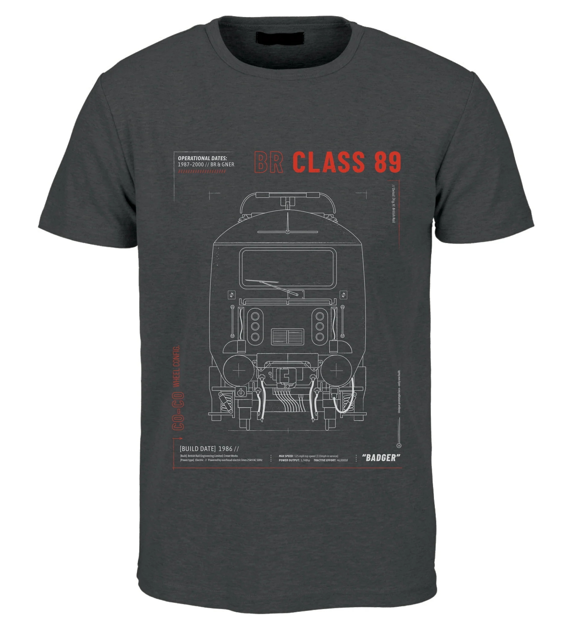 CLASS89-TEE-G Class 89 Technical Drawing Blueprint Railway T Shirt (Grey)