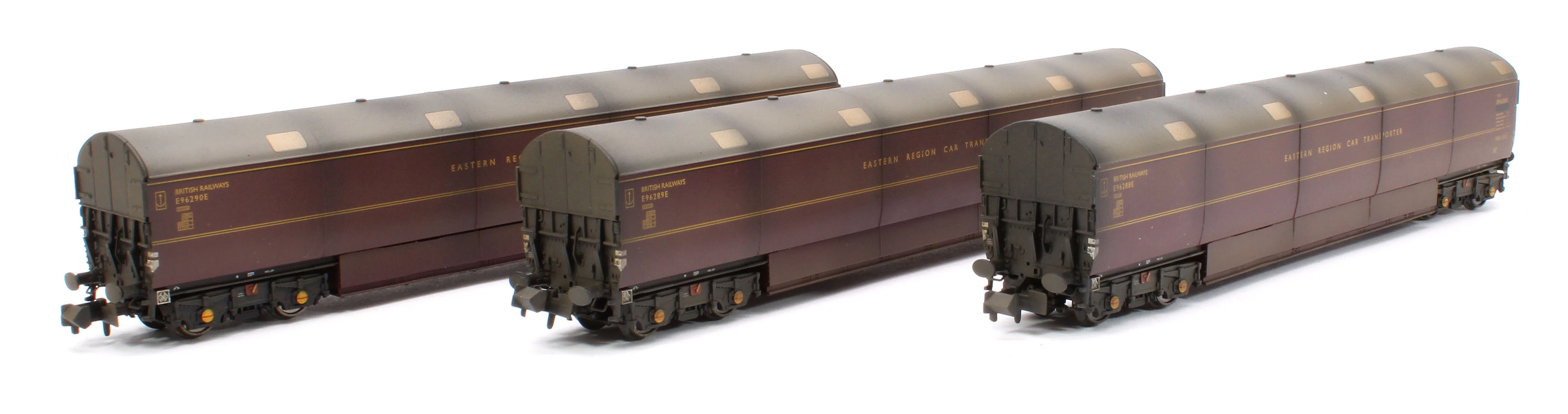 S2303-01 Custom Weathered Newton Chambers Car Transporter Eastern Region BR Lined Maroon E96288/289/290E - Pack 1