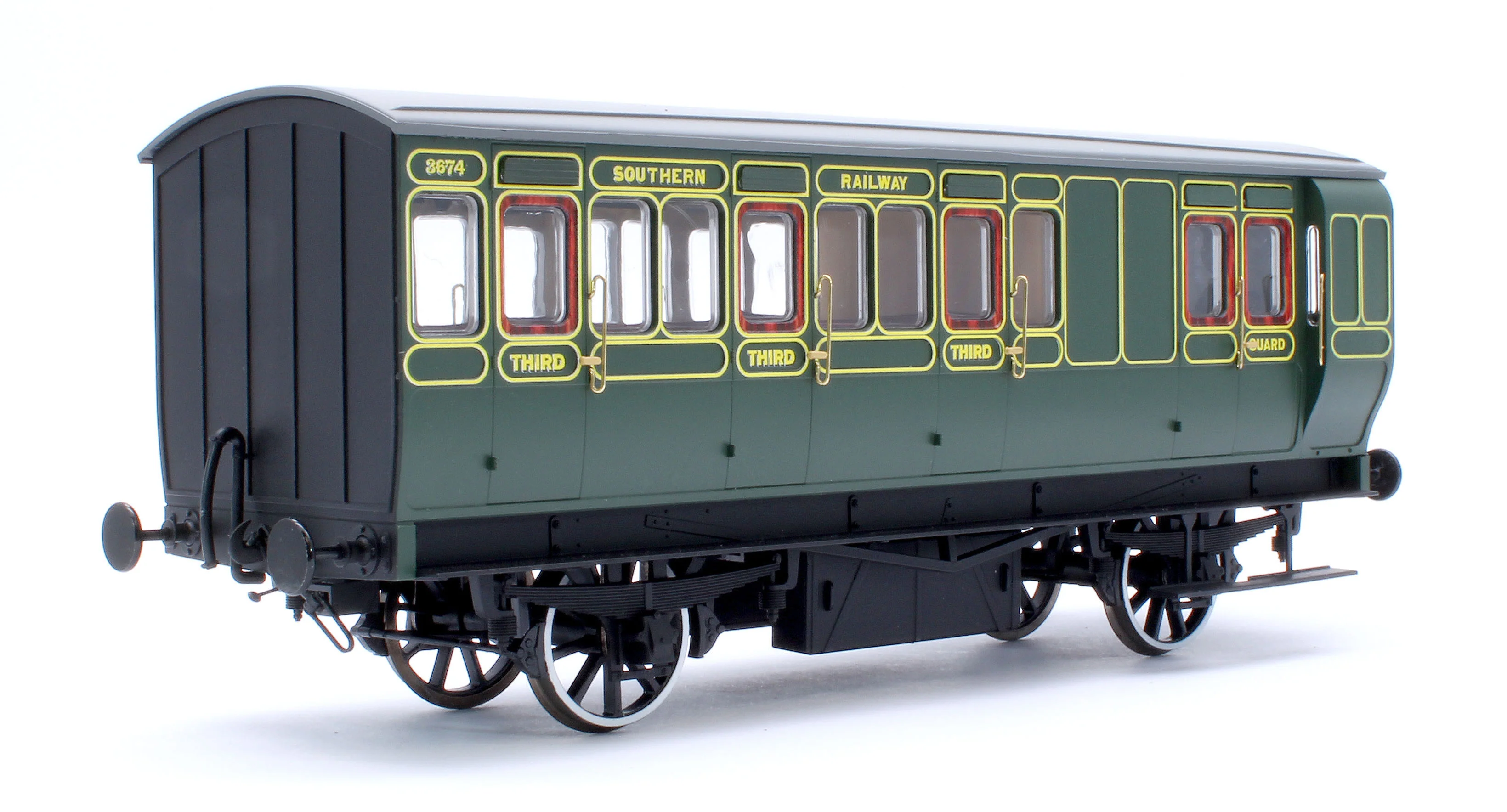 7P-020-552L Stroudley 4 Wheel Electrically Lit Brake 3rd Southern Lined Green 3674 - Light Bar Fitted - Image 3