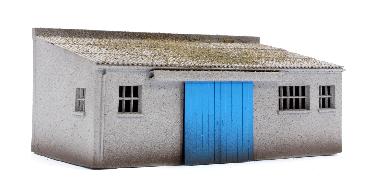 BSCWSD Concrete Workshop Garage Sloped Roof - Blue Doors
