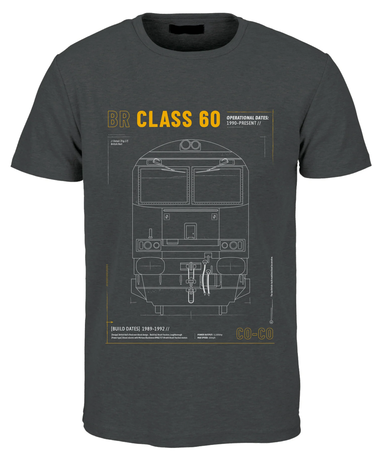 CLASS60-TEE-G Class 60 Technical Drawing Blueprint Railway T Shirt (Grey)