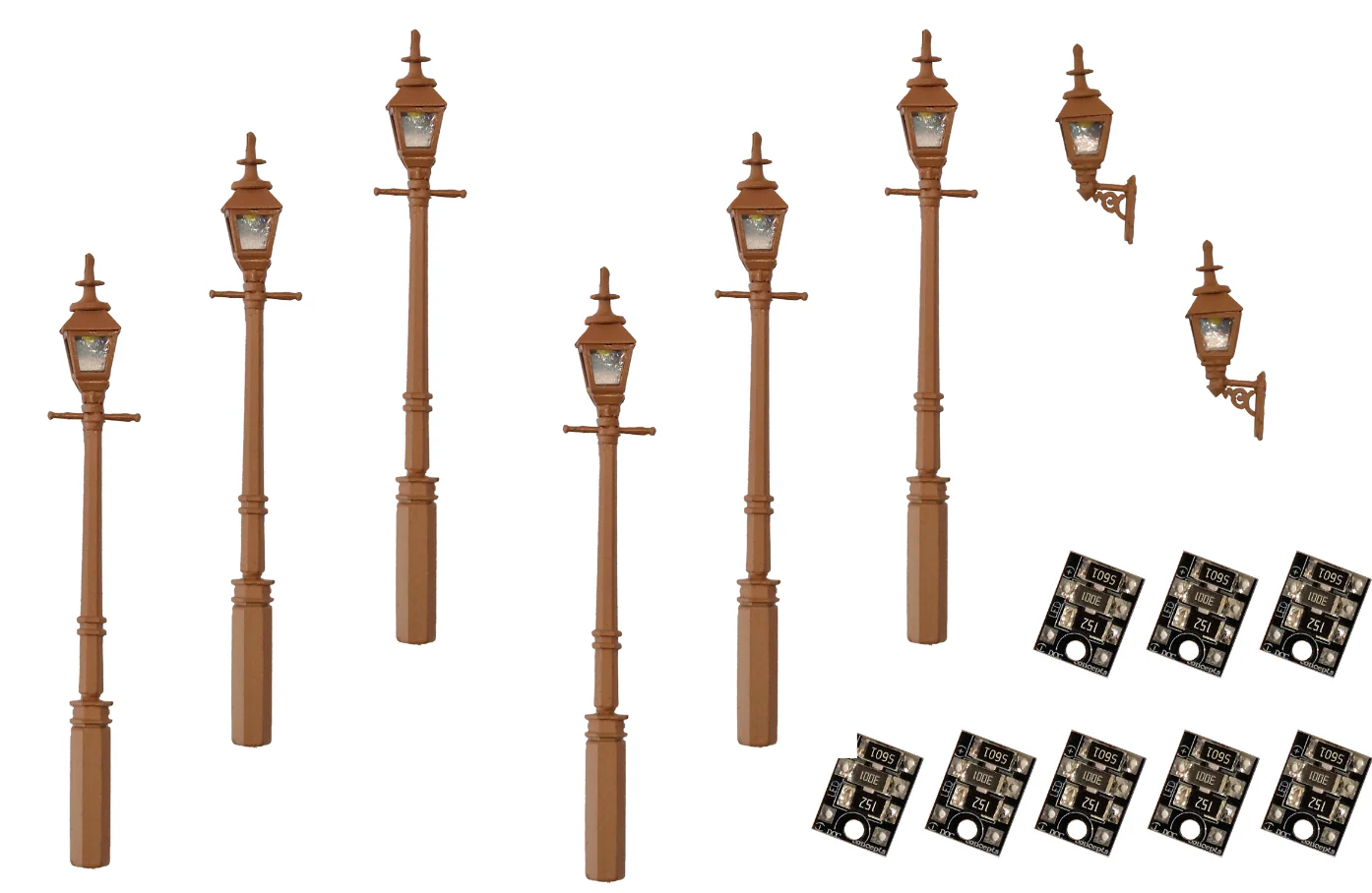 LML-VPGBN 4mm Scale Gas Lamps Value Pack – Brown (2x Wall Lamps, 6x Street/Platform Lamps)