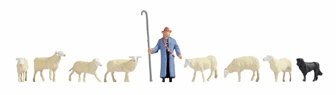 N15748 Shepherd (1) Sheep (7) & Sheepdog (1) Figure Set