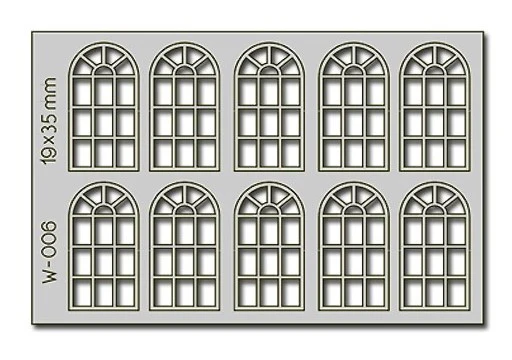 PW-006 10 pcs 19X35mm 14 Pane Arched Windows HO/OO