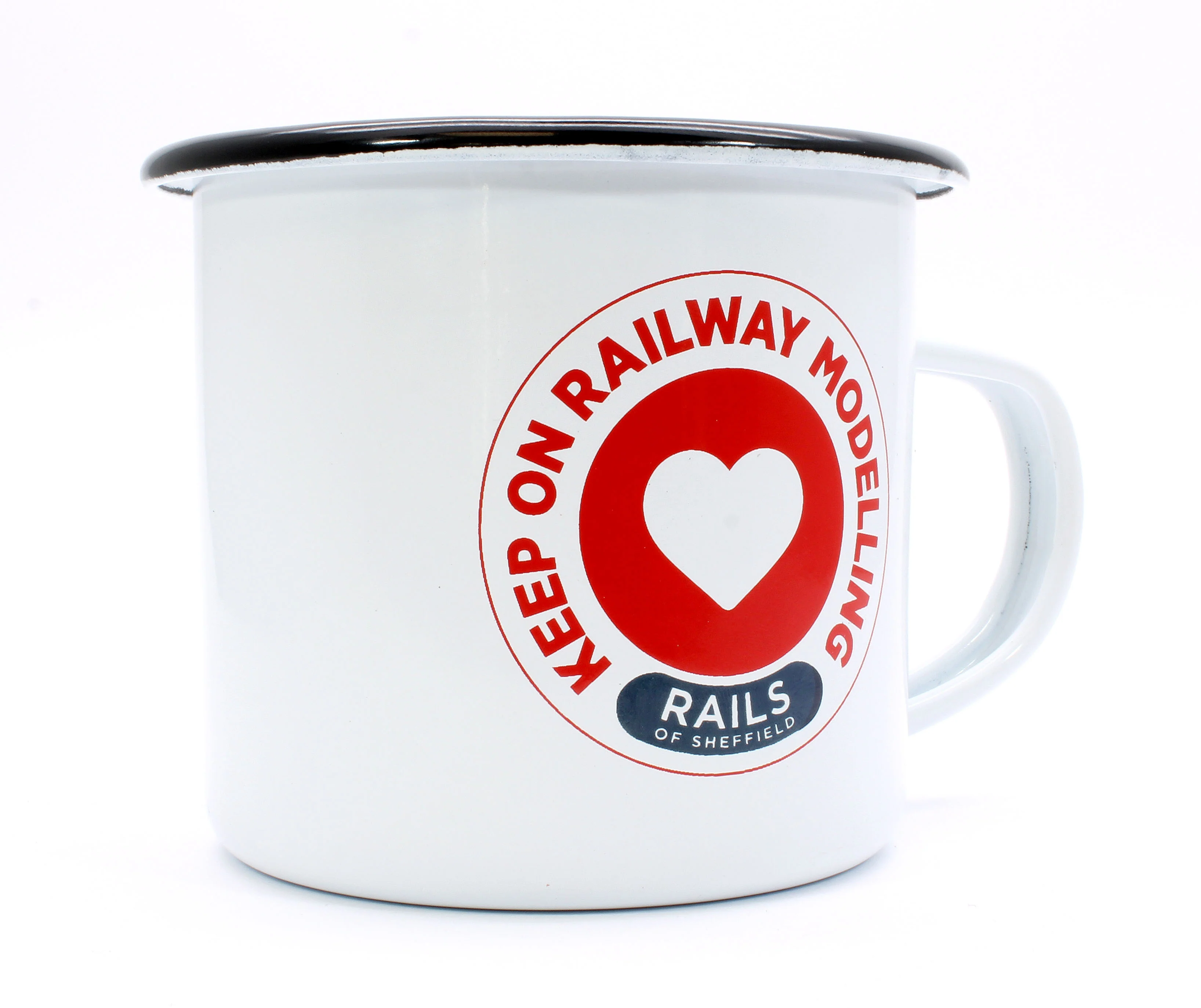 KORM-Mug Rails of Sheffield 'Keep on Railway Modelling ♡' 350ml Outdoor Camping White Enamel Metal Mug/Cup