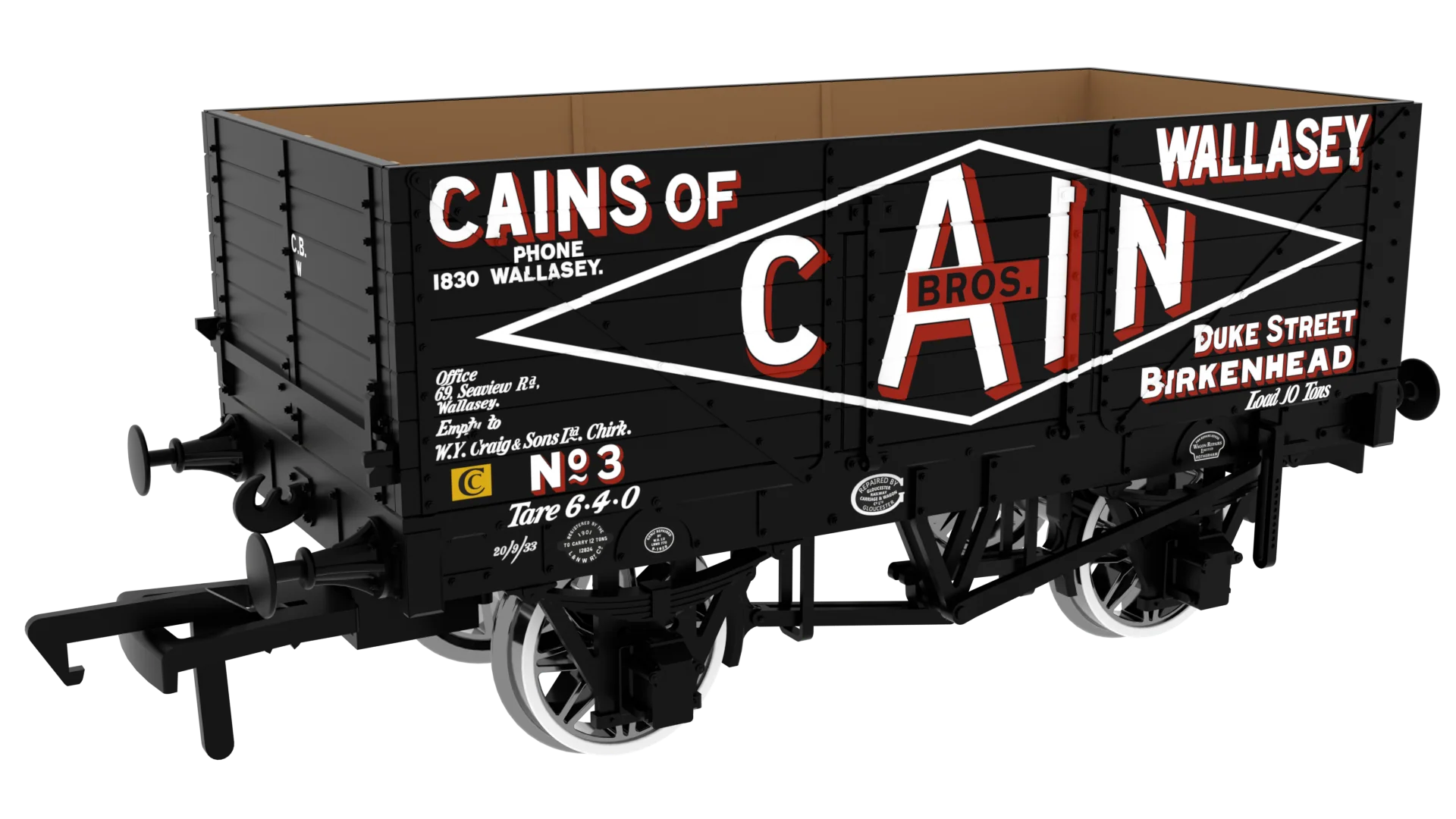 967256 7 Plank 1907 Railway Clearing House Private Owner Open Wagon Cain Bros. No.3