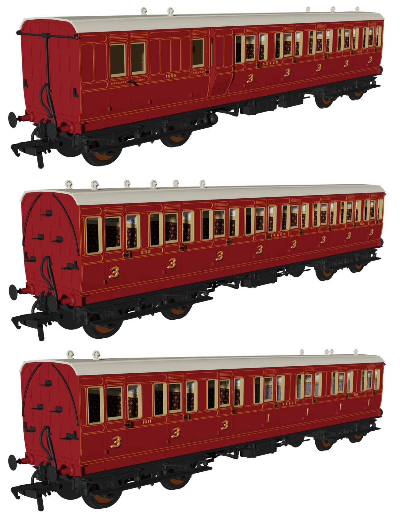 978914 Evolution' 48' SECR Red Non-Corridor Carriage No.1064, 883 & 1011 Triple Pack