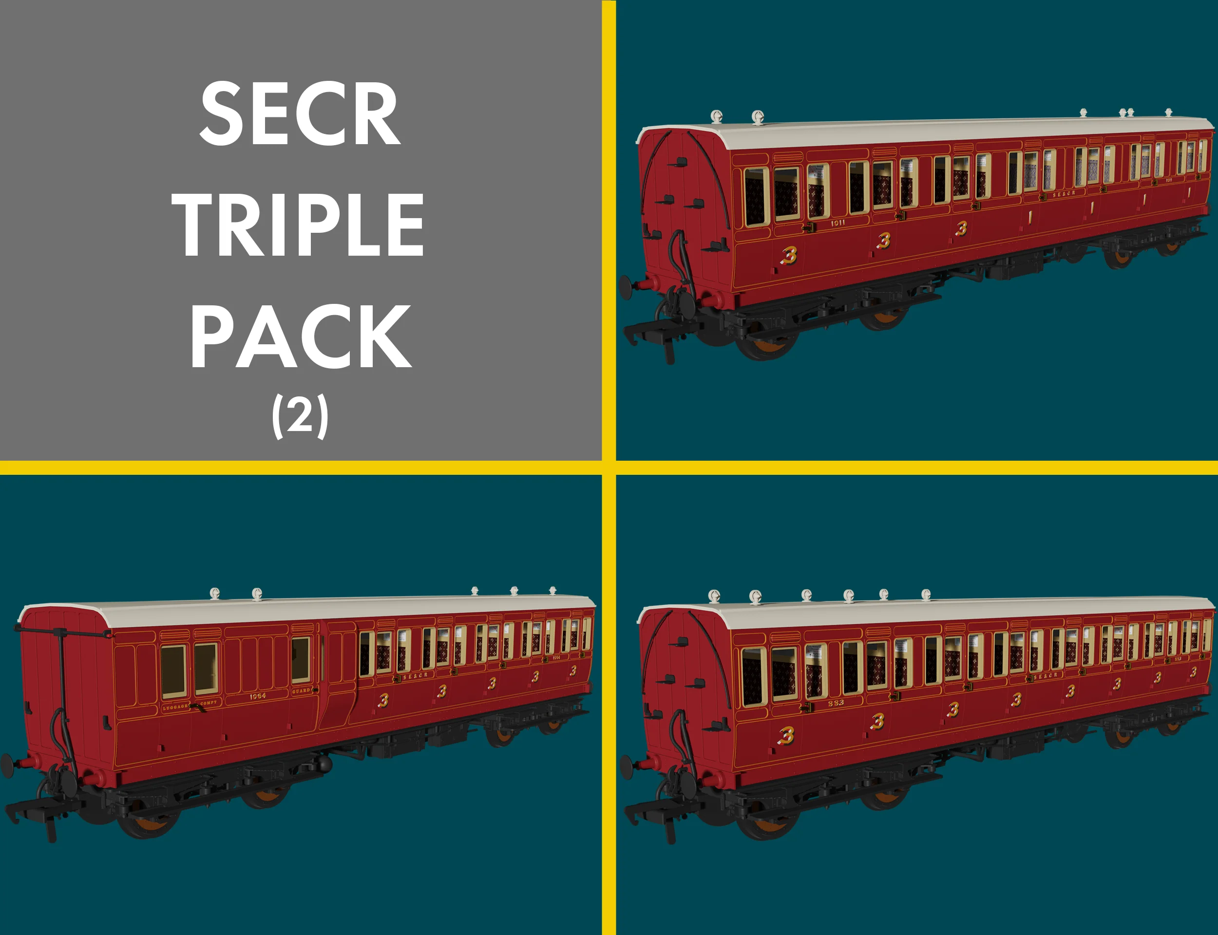 978914 Evolution' 48' SECR Red Non-Corridor Carriage No.1064, 883 & 1011 Triple Pack - Image 6