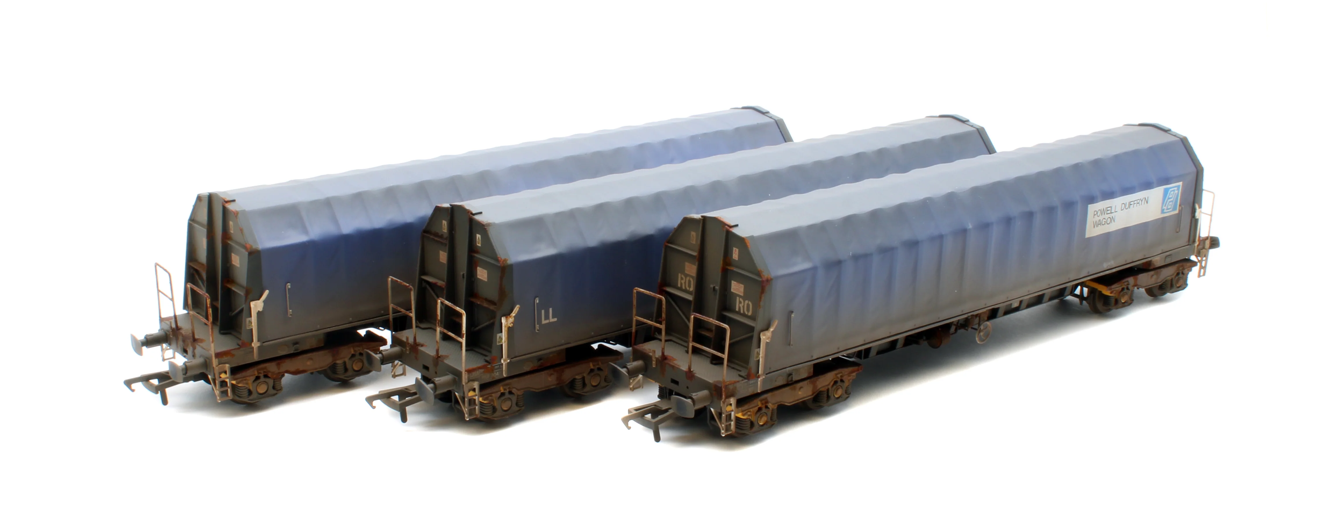 PXA01 TP(D)W Bespoke Weathered Set of 3 PXA Steel Coil Carrier PD Blue Tops Code JSA, Yellow Bogies & OHLW Sticker No.3032/3055/3041