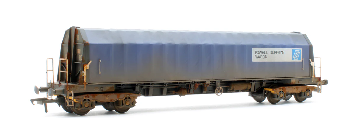 PXA01 TP(D)W Bespoke Weathered Set of 3 PXA Steel Coil Carrier PD Blue Tops Code JSA, Yellow Bogies & OHLW Sticker No.3032/3055/3041 - Image 4