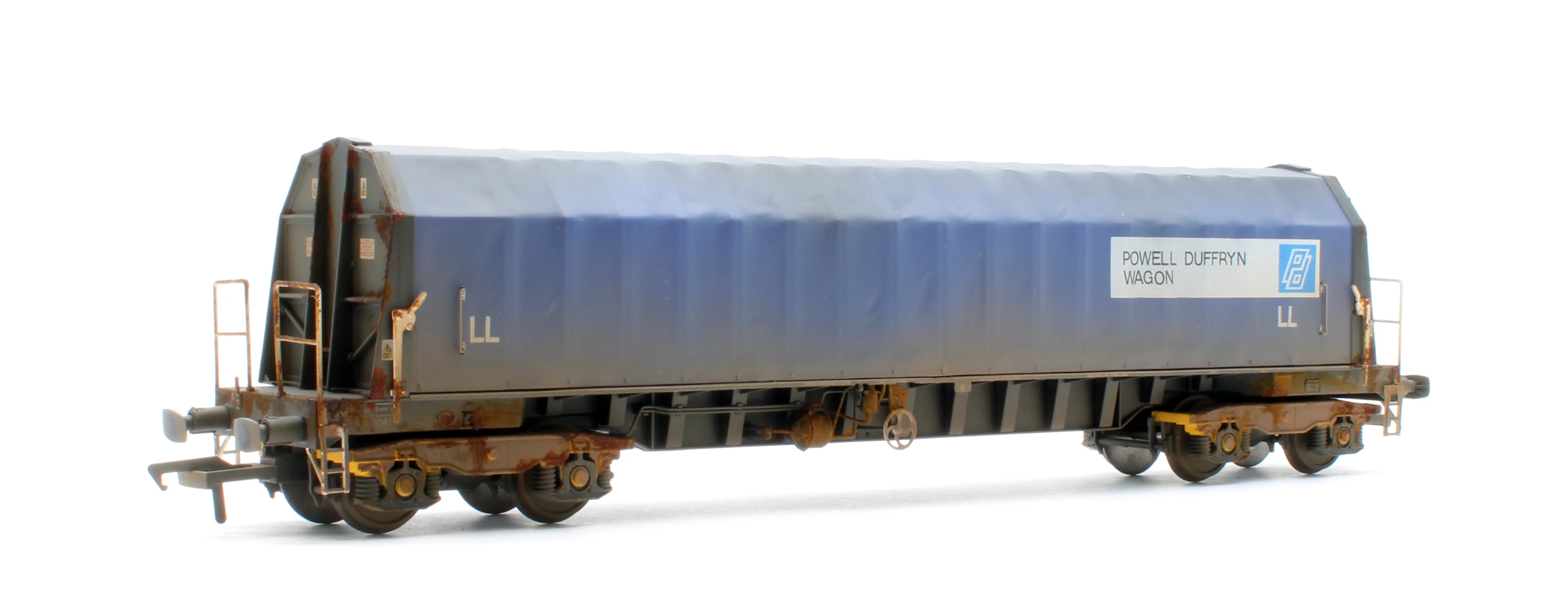 PXA01 TP(D)W Bespoke Weathered Set of 3 PXA Steel Coil Carrier PD Blue Tops Code JSA, Yellow Bogies & OHLW Sticker No.3032/3055/3041 - Image 6