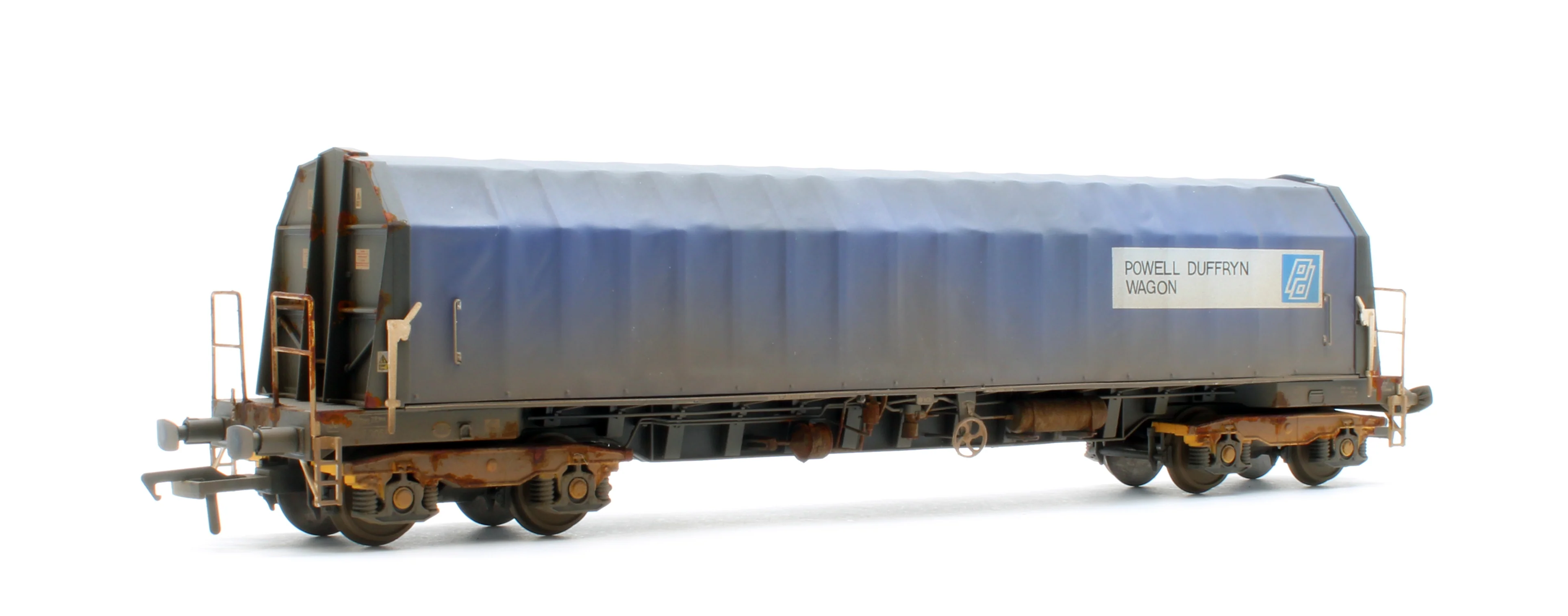 PXA01 TP(D)W Bespoke Weathered Set of 3 PXA Steel Coil Carrier PD Blue Tops Code JSA, Yellow Bogies & OHLW Sticker No.3032/3055/3041 - Image 8