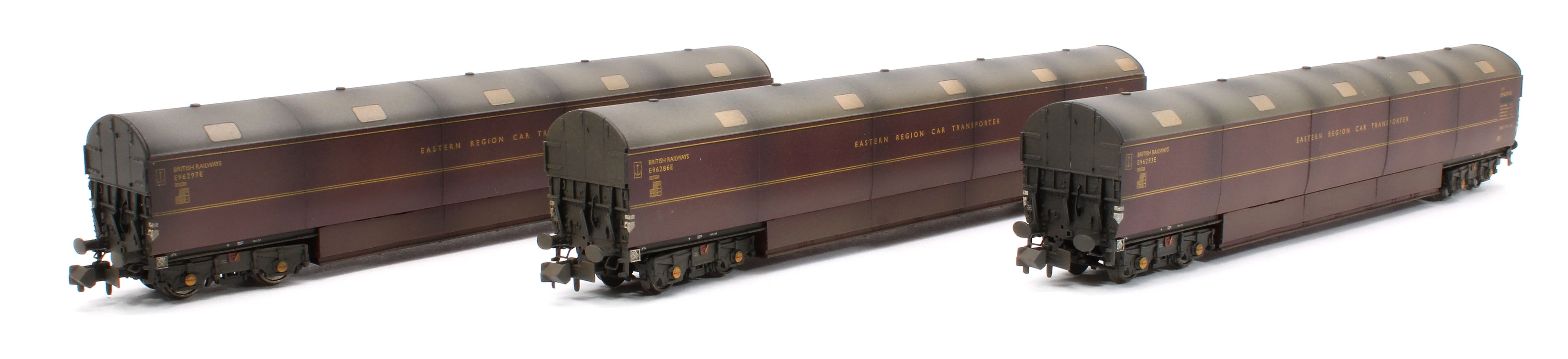 S2303-02 Custom Weathered Newton Chambers Car Transporter Eastern Region BR Lined Maroon E96286/293/297E - Pack 2
