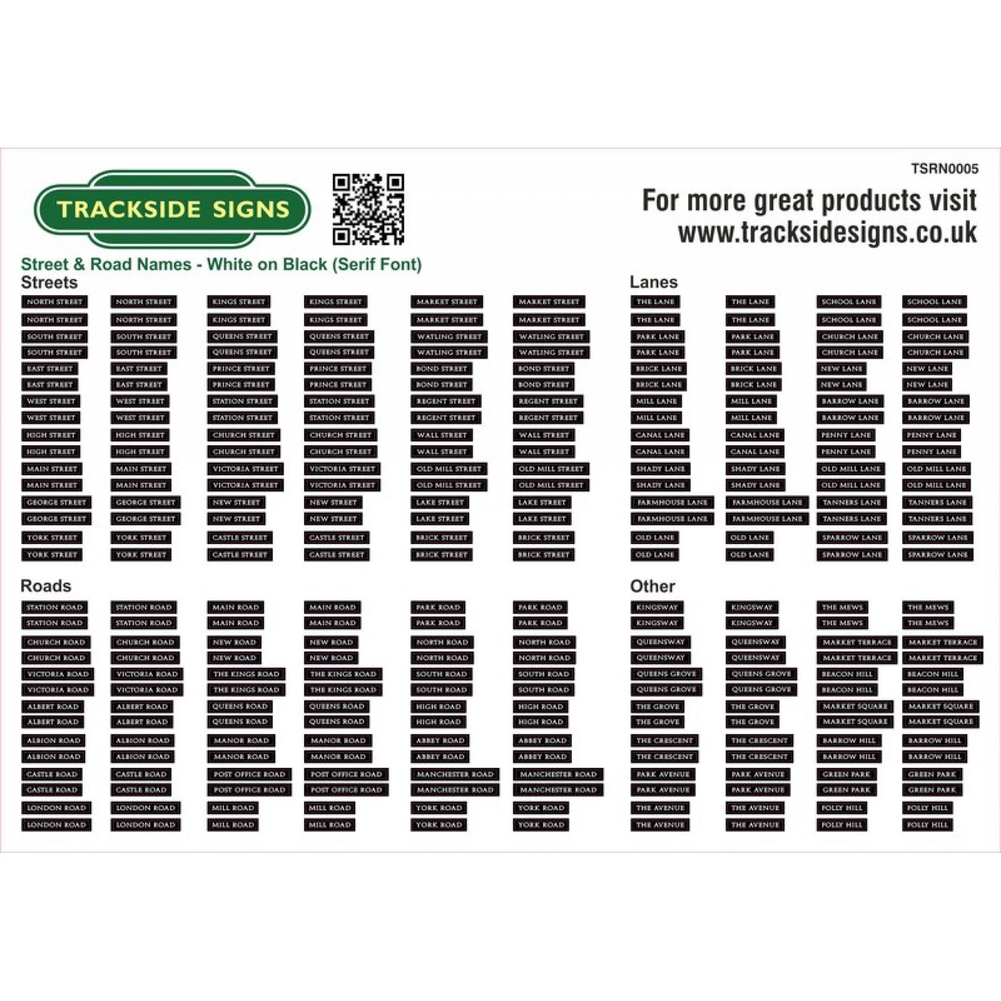 TSRN0005 Street Name Signs (White on Black) (Serif Font) - OO Gauge