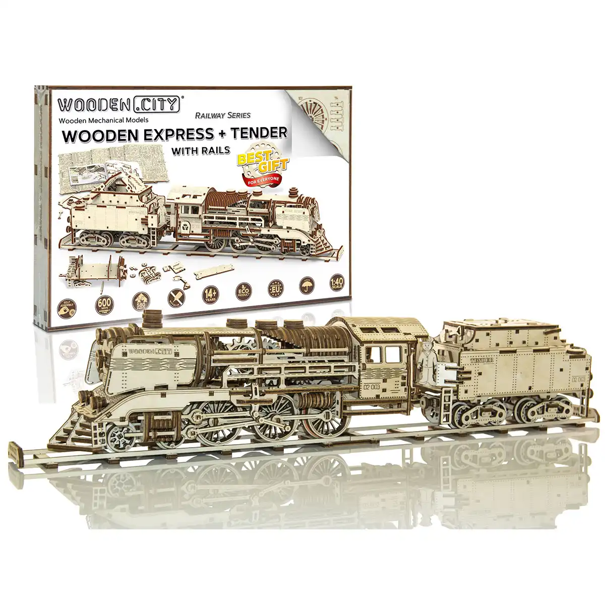 WR323 3D Wooden Train Puzzle – Wooden Express + Tender with Rails