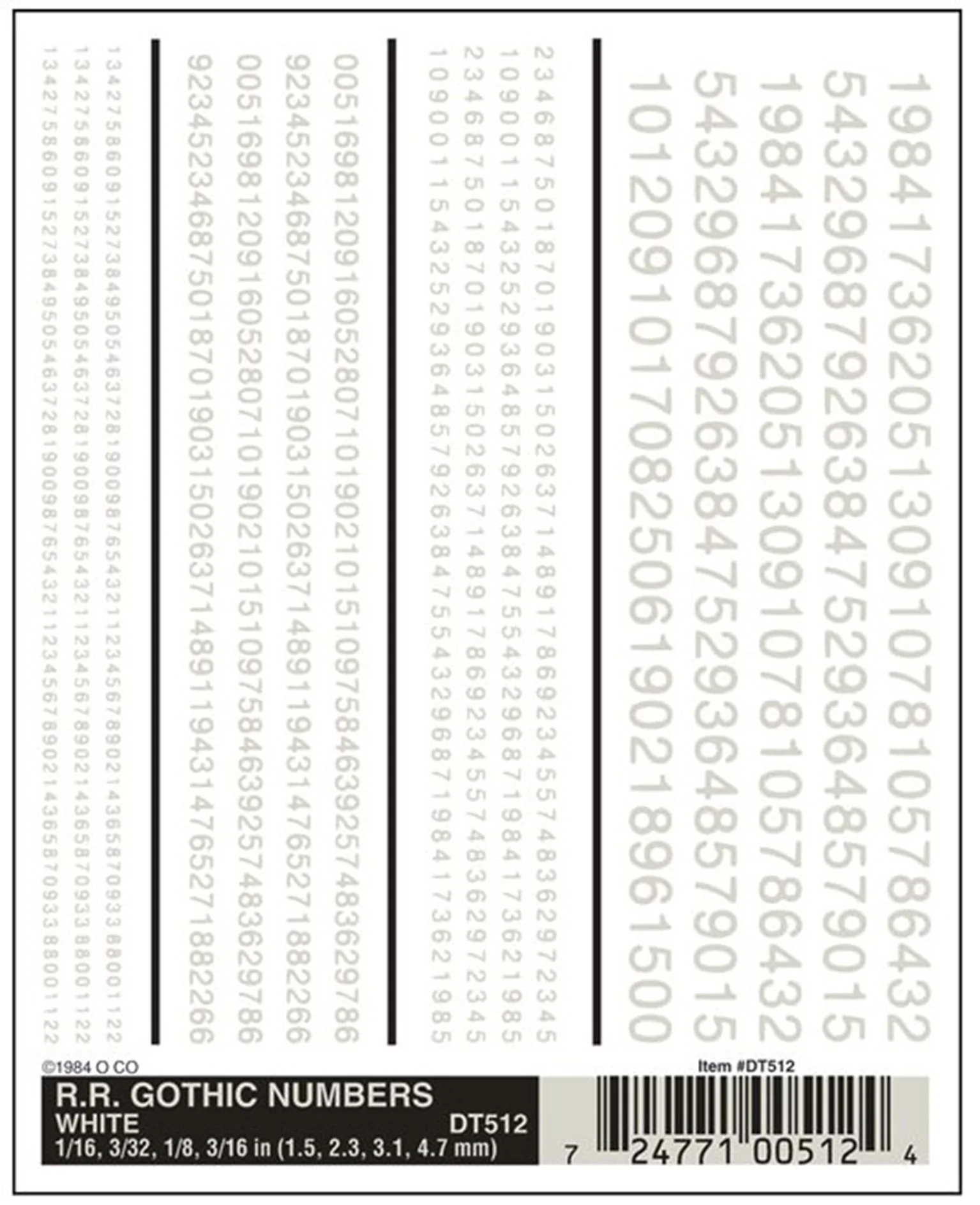 WDT512 DT512 WOODLAND SCENICS - Decals - R.R. Gothic Numbers - White