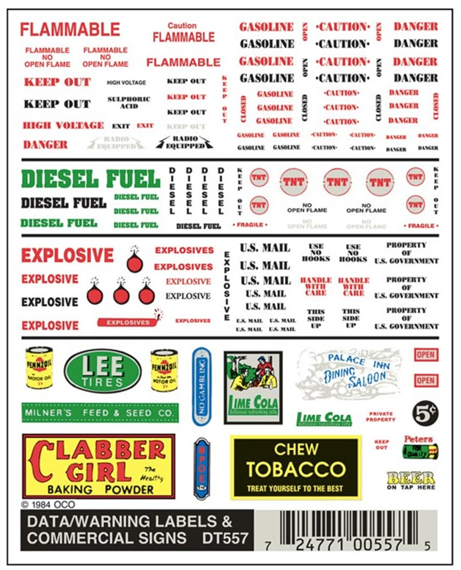 WDT557 DT557 WOODLAND SCENICS - Decals - Data Warning Label & Commercial Signs